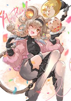 1girl absurdres black_gloves bodysuit boots brown_hair burger commentary_request fingerless_gloves food fur-trimmed_jacket fur_trim gloves hair_rings highres jacket looking_at_viewer lumi_(wuthering_waves) mechanical_tail medium_hair mirui one_eye_closed open_mouth orange_eyes pink_jacket single_thigh_boot smile solo tail thigh_boots white_bodysuit white_boots wuthering_waves