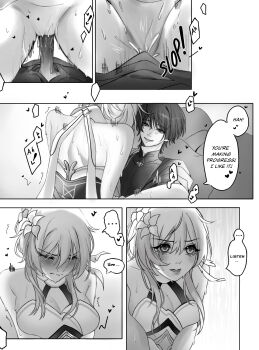 Rule 34 | ..., 1boy, 1girl, bare shoulders, blunt ends, blush, bodysuit, breasts, cape, cleavage, closed mouth, corset, covered collarbone, cowgirl position, crotch, dress, elpheltel, english text, eyelashes, facing down, feather hair ornament, feathers, flower, genshin impact, girl on top, greyscale, hair between eyes, hair flower, hair ornament, halterneck, head down, heart, hetero, highres, large breasts, left-to-right manga, looking at another, looking to the side, looking up, lower teeth only, lumine (genshin impact), lying, mandarin collar, median furrow, moaning, monochrome, motion lines, on back, open mouth, pectorals, penis, pussy juice, scaramouche (genshin impact), scarf, sex, shoulder blades, smile, speech bubble, spoken ellipsis, straddling, tareme, teeth, tsurime, twitching, vaginal, wanderer (genshin impact), wispy bangs