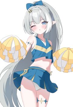 1girl absurdres bare_shoulders blue_eyes blue_shirt blue_skirt bow cheerleader cowboy_shot crop_top crop_top_overhang female_tyrant_(stella_sora) hair_bow hairband highres holding holding_pom_poms long_hair looking_at_viewer midriff miniskirt navel one_eye_closed panties parted_lips pleated_skirt pointy_ears pom_pom_(cheerleading) pom_poms ponytail shirt skirt sleeveless sleeveless_shirt solo stella_sora stomach suisen_(suisenhwa) symbol-shaped_pupils thighs tyrant_(stella_sora) underwear very_long_hair white_hair white_panties