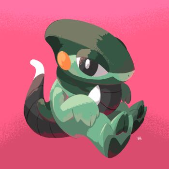 black_eyes bright_pupils chibi chibi_only closed_mouth commentary_request cyclizar full_body gyosho highres nintendo no_humans pink_background pokemon pokemon_(creature) pokemon_focus sitting solo white_pupils