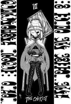 1girl black_background black_gloves blunt_bangs bodystocking book cloak closed_eyes closed_mouth dark_persona doppel_(madoka_magica) full_body gloves greyscale highres holding hood hood_up long_hair madoka_runes magia_record:_mahou_shoujo_madoka_magica_gaiden magical_girl mahou_shoujo_madoka_magica monochrome rigel0310 sidelocks signature sitting skirt smile solo tamaki_iroha tarot the_chariot_(tarot) translation_request unmoving_pattern white_hood