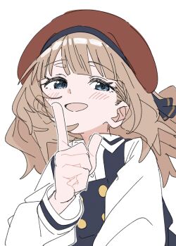1girl brown_hair child hat idolmaster idolmaster_million_live! index_finger_raised meeeeeeco359 open_mouth simple_background smile solo suou_momoko white_background