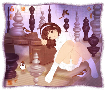 1girl 2020 20s animal arm_support bird black_eyes blush brown_hair desk flat_chest fractal_underground_studio hairband highres lace lace-trimmed_panties lace_trim loli long_sleeves looking_at_viewer on_floor original panties shirt shogi shogi_piece short_hair sitting skirt smile socks sparrow tatami underwear white_panties white_shirt white_skirt white_socks white_theme