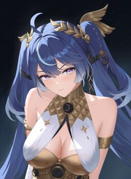 1girl absurdres ahoge armlet bare_shoulders blue_hair boost404 breasts cleavage closed_mouth commentary hair_between_eyes highres iuno_(wuthering_waves) jewelry large_breasts laurel_crown light_blush looking_at_viewer purple_eyes smile solo twintails upper_body wuthering_waves