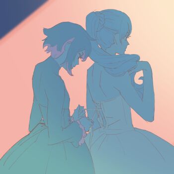 2girls 55bata6rou adjusting_clothes adjusting_dress bare_shoulders behind_another cowboy_shot dress from_side hair_over_shoulder hand_up highres holding holding_own_hair long_hair looking_at_another monochrome multiple_girls ponytail profile ruby_rose rwby short_hair standing tying weiss_schnee