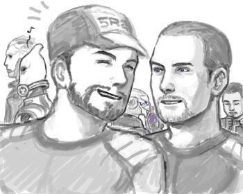 closed_eyes commander_shepard commander_shepard_(male) drell facepaint facial_hair garrus_vakarian hat helmet image_sample jacob_taylor jeff_moreau looking_at_another male_focus mandibles mass_effect_(series) mass_effect_2 military military_uniform monochrome mordin_solus pixiv_sample quarian salarian short_hair smile stubble tali'zorah thane_krios turian upper_body