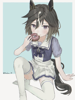 Rule 34 | 1girl, absurdres, animal ears, blush, bow, bowtie, brown eyes, brown hair, closed mouth, collarbone, commentary request, donut, ear covers, food, hair between eyes, highres, holding, holding donut, holding food, horse ears, horse girl, horse tail, long hair, looking at viewer, multicolored hair, pleated skirt, puffy short sleeves, puffy sleeves, purple bow, purple bowtie, purple shirt, sailor collar, sailor shirt, school uniform, shirt, short sleeves, shunka shuto, sitting, skirt, smile, solo, stay gold (umamusume), tail, thighhighs, tracen school uniform, umamusume, white hair, white sailor collar, white thighhighs
