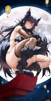 1girl absurdres animal_ear_fluff animal_ears animal_hands armpit_crease atago_(azur_lane) atago_(full_moon's_feral_wolf)_(azur_lane) azur_lane bare_shoulders bikini black_hair black_thighhighs blush brown_gloves brown_thighhighs closed_mouth commentary_request elbow_gloves fox_tail from_below full_moon fur-trimmed_bikini fur_trim gloves hair_between_eyes highres l_ract lantern long_hair looking_at_viewer moon night official_alternate_costume paper_lantern paw_gloves paw_shoes single_thighhigh sky solo squatting star_(sky) starry_sky swimsuit tail thighhighs thighs torii torn_clothes torn_thighhighs werewolf_costume wolf_ears wolf_girl yellow_eyes