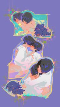 2boys alternate_costume animal animal_ears animalization blanket blue_hair blunt_ends blush body_markings bottomless cat cat_ears cat_tail clenched_hand closed_eyes closed_mouth collarbone commentary_request completely_nude covered_eyes doll_joints dual_persona eyeshadow from_side genshin_impact gold_ring hair_between_eyes hair_over_eyes han'eri hand_on_another's_back hat highres hug hug_from_behind joints long_sleeves makeup male_focus missing_headwear multiple_boys multiple_views nipples nude on_bed open_clothes open_mouth open_robe person_and_animalization purple_background purple_fur purple_hat qiao2121 red_eyeshadow robe scaramouche_(cat)_(genshin_impact) scaramouche_(genshin_impact) selfcest short_hair simple_background sitting sitting_on_person sleeping smile stealth_sex tail teeth upper_body wanderer_(genshin_impact) white_robe wide_sleeves yaoi zzz