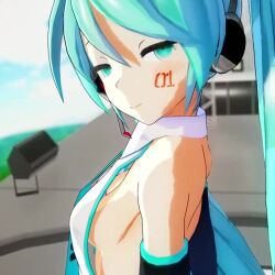 1girl 3d animated aqua_eyes aqua_hair arms_behind_back bare_shoulders breasts cleavage close-up facial_tattoo hatsune_miku long_hair looking_at_viewer matching_hair/eyes medium_breasts mofumoko5 navel necktie no_bra open_mouth seductive_smile sideboob skirt smile solo standing tagme tattoo twintails video vocaloid waving