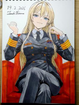 Rule 34 | 1girl, alternate costume, armchair, artist name, bismarck (kancolle), black jacket, black necktie, black pants, blonde hair, blue eyes, breasts, buttons, chair, collared shirt, commentary request, crossed legs, dated, deutsche marine, double-breasted, feet out of frame, hair between eyes, highres, hisama tomoki, jacket, kantai collection, large breasts, long hair, long sleeves, looking at viewer, marker (medium), military dress uniform, military rank insignia, military uniform, naval dress uniform, naval uniform, necktie, one-hour drawing challenge, pants, ribbon bar, shirt, signature, sitting, smile, solo, traditional media, white shirt