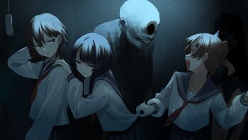 3girls black_eyes black_hair blue_sailor_collar brown_eyes brown_hair closed_eyes closed_mouth clothes_grab commentary cowboy_shot cyclops from_side frown gloom_(expression) hand_on_own_head hands_on_another&#039;s_shoulders haunted_house_(attraction) hiding hiding_behind_another highres hikarinohitori light_particles long_sleeves looking_at_another looking_back matching_outfits missing_eye monster multiple_girls neckerchief one-eyed open_mouth original pleated_skirt profile raised_eyebrow red_neckerchief sailor_collar sanpaku scared school_uniform serafuku shirt shirt_grab short_hair short_twintails skirt trembling turn_pale twintails v-shaped_eyebrows white_shirt