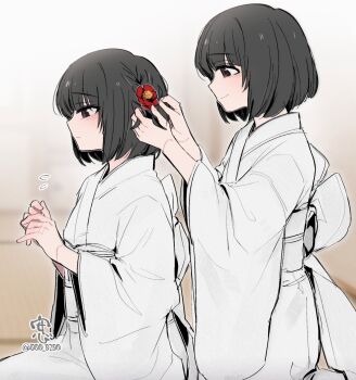 2girls an_sin artist_name back_bow behind_another black_hair blurry blurry_background blush bow braid braiding_another's_hair braiding_hair brown_eyes camellia closed_mouth commentary_request cowboy_shot fatal_frame fatal_frame_ii:_crimson_butterfly flower flying_sweatdrops from_side hair_flower hair_ornament hairdressing hand_blush hands_up highres indoors japanese_clothes kimono korean_commentary kurosawa_sae kurosawa_yae long_sleeves looking_ahead looking_at_another multiple_girls obi on_floor profile red_flower right-over-left_kimono sash short_hair siblings sisters sitting smile tatami twins twitter_username white_bow white_kimono wide_sleeves