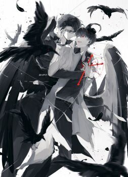 2boys belt bird black_coat black_eyes black_hair black_shirt black_wings coat collared_shirt cross crow curtained_hair demon_horns feathered_wings feet_out_of_frame hand_on_another&#039;s_chin head_on_another&#039;s_shoulder highres holding holding_cross holding_hands horns hug hug_from_behind kim_dokja looking_at_another looking_back male_focus multiple_boys omniscient_reader&#039;s_viewpoint open_clothes open_coat partially_colored red_eyes shirt short_hair twle white_coat wings yoo_joonghyuk