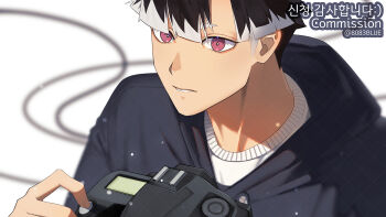 1boy 8083_blue black_hair bright_pupils cable camera commission holding holding_camera hood hood_down kaijuu_no._8 long_sleeves looking_at_viewer male_focus narumi_gen parted_lips pink_eyes shirt short_hair simple_background solo upper_body white_background white_pupils white_shirt
