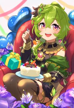 1girl :d ahoge balloon bare_shoulders birthday birthday_cake black_dress black_sleeves box bridal_gauntlets brown_bridal_gauntlets brown_thighhighs cake capelet chair collei_(genshin_impact) commentary_request crossed_bangs dendro_symbol_(genshin_impact) detached_sleeves dress earrings food fork gem genshin_impact gift gift_box green_capelet green_hair hair_between_eyes hair_ornament happy_birthday heart_balloon highres holding holding_fork holding_plate jewelry long_hair long_sleeves looking_at_viewer mochihuman on_chair open_mouth padisarah_flower pink_gem plate purple_eyes single_earring sitting smile solo sumeru_rose_(genshin_impact) teeth thighhighs thighlet upper_teeth_only usekh_collar vision_(genshin_impact)