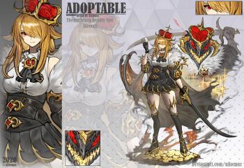 1girl 2020 adoptable alcohol allosauc artist_name ascot bare_shoulders black_ascot black_capelet black_gloves black_jacket black_sleeves black_socks blonde_hair breasts buttons capelet reference_sheet close-up closed_mouth coin collared_shirt commentary cowboy_shot cropped_jacket crown cup cutlass deviantart_username dragon drink drinking_glass english_commentary english_text eyeliner frilled_shirt_collar frills full_body fur-trimmed_jacket fur_trim gloves glowing glowing_eyes gold_coin gold_footwear gold_ribbon gold_trim gradient_background grey_background hair_over_one_eye high_heels highres holding holding_drink holding_sword holding_weapon jacket knees large_breasts leg_ribbon long_sleeves looking_at_viewer makeup multiple_views open_clothes open_jacket original over-kneehighs polka_dot polka_dot_background projected_inset red_eyes red_headwear ribbon seven_deadly_sins shirt simple_background sleeveless sleeveless_shirt three-quarter_sleeves smile socks sparkling_eyes sword thighhighs thighs torn_capelet torn_clothes triangle_background weapon white_shirt wine wine_glass