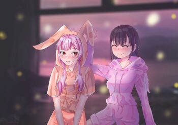 2girls absurdres alternate_costume animal_ears animal_hood aoihana_15 black_hair blurry blurry_background blush closed_eyes closed_mouth highres hood hood_up hoodie li_tianxi long_hair looking_at_another multiple_girls open_mouth pajamas pink_hair pink_hoodie pink_pajamas purple_hair qiao_ling rabbit_ears rabbit_hood red_eyes shiguang_dailiren shorts sitting smile wet wet_clothes wet_hair yuri