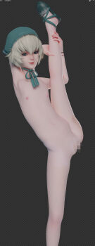 3d artist_request blue_eyes censored checkered_background headdress highres leg_up loli looking_down navel nier nier_(series) nude shoes short_hair stomach white_hair yonah