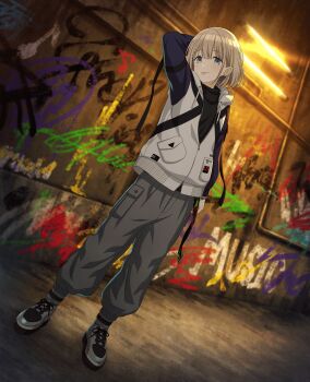 1girl bad_link belt blonde_hair blue_eyes fluorescent_lamp full_body gladgarb graffiti highres hood hoodie idolmaster idolmaster_shiny_colors jacket long_sleeves looking_at_viewer multicolored_belt pants serizawa_asahi shoes short_hair smile standing tongue tongue_out