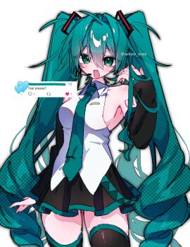 1girl :o aqua_eyes aqua_hair aqua_necktie armpits bare_shoulders black_skirt black_thighhighs blue_eyes blue_hair blue_necktie blush breasts censored collared_shirt cowboy_shot detached_sleeves fang fingernails hair_between_eyes hair_intakes hand_up hatsune_miku headset heart heart_censor highres long_fingernails long_hair looking_at_viewer miniskirt nail_polish necktie number_tattoo open_mouth polka_dot polka_dot_background rarirure_rirure shirt sideboob skin_fang skirt sleeveless sleeveless_shirt sleeves_past_wrists small_breasts smile solo tattoo thighhighs twintails twitter_screenshot twitter_username very_long_hair vocaloid watermark