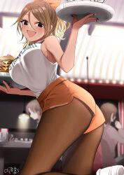Rule 34 | 1girl, ass, blush, breasts, brown hair, burger, commentary request, commission, fingernails, food, hamcheeseand, highres, holding, holding tray, idolmaster, idolmaster shiny colors, izumi mei, large breasts, looking to the side, nail polish, orange pantyhose, orange shorts, pantyhose, pantyhose under shorts, people, pixiv commission, shirt, shirt tucked in, short shorts, shorts, sideboob, signature, sleeveless, sleeveless shirt, smile, solo focus, standing, standing on one leg, tray, white shirt