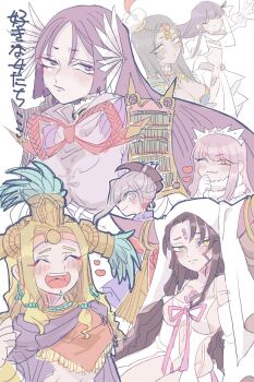 6+girls :3 armor black_hair breasts cape chin_piercing cleavage commentary_request crying dark-skinned_female dark_skin dress face_piercing facial_mark fate/grand_order fate_(series) flat_chest forehead_mark grey_hair headdress heart highres horns japanese_armor juliet_sleeves large_breasts long_sleeves medb_(fate) meltryllis meltryllis_(fate) meltryllis_(swimsuit_lancer)_(fate) meltryllis_(swimsuit_lancer)_(third_ascension)_(fate) minamoto_no_raikou_(fate) minamoto_no_raikou_(third_ascension)_(fate) miyamoto_musashi_(fate) multiple_girls mutsuki_(mutuki05) navel one_eye_closed piercing pink_hair puffy_sleeves purple_cape purple_eyes quetzalcoatl_(fate) scheherazade_(fate) sessyoin_kiara sessyoin_kiara_(heaven's_hole) tears tiara translation_request veil white_dress white_veil yellow_eyes