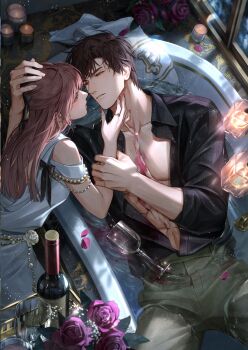 Rule 34 | 1boy, 1girl, abs, absurdres, alcohol, bathtub, black shirt, bottle, brown hair, candle, cup, curtained hair, dress, drinking glass, flower, game cg, gem, hetero, highres, jewelry, light and night love, looking at another, lu chen, muscular, non-web source, official art, open clothes, open shirt, pants, petals, pink hair, protagonist (light and night love), purple flower, purple rose, red eyes, rose, shared bathing, shirt, white dress, wine, wine bottle, wine glass