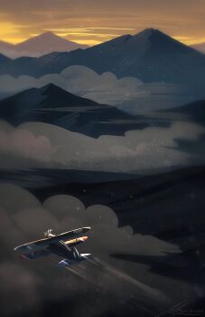 above_clouds aircraft airplane artist_name biplane cloud commentary english_commentary landscape mountain no_humans original outdoors scenery signature sky yellow_sky zandra