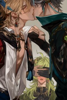 1girl 2boys absurdres ahoge alhaitham_(genshin_impact) black_gloves black_shirt blonde_hair blue_sash blush cape capelet closed_eyes clothes_grab collei_(genshin_impact) covering_own_eyes earrings feather_hair_ornament feathers fingerless_gloves genshin_impact gloves green_cape green_hair grey_background grey_hair hair_between_eyes hair_ornament headphones highres jewelry kaveh_(genshin_impact) kiss long_hair long_sleeves male_focus multiple_boys open_clothes open_mouth open_shirt partially_fingerless_gloves pectoral_cleavage pectorals profile red_cape red_eyes ring saliva sash shirt short_hair side_cape simple_background upper_body vision_(genshin_impact) vyqi white_shirt yaoi
