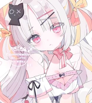 Rule 34 | 1girl, :<, absurdres, bare shoulders, blonde hair, blunt bangs, blush, bow, bowtie, breasts, cleavage, closed mouth, collarbone, commentary, commission, hair ornament, hairclip, hashtag-only commentary, highres, long hair, looking at viewer, medium breasts, mixstgirls, multicolored hair, off-shoulder shirt, off shoulder, orange hair, red bow, red bowtie, red eyes, shirt, simple background, skeb commission, solo, streaked hair, upper body, virtual youtuber, white background, white hair, white shirt, x hair ornament, x xww, yukishiro qalu