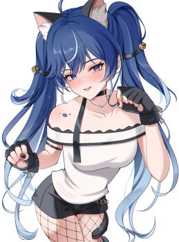 1girl ahoge animal_ear_fluff animal_ears bare_shoulders black_gloves black_nails black_shorts blue_eyes blue_hair blush breasts cat_ears cat_tail collarbone commentary_request fingerless_gloves fishnet_pantyhose fishnets gloves gradient_hair highres iuno_(wuthering_waves) long_hair looking_at_viewer medium_breasts multicolored_hair nail_polish off-shoulder_shirt off_shoulder pantyhose parted_lips shirt shorts shoulder_tattoo simple_background smile solo streaked_hair tail tattoo twintails uriuritei very_long_hair white_background white_shirt wuthering_waves