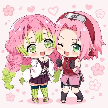 2girls :d ;d bare_shoulders black_gloves black_shorts black_skirt blush boots chibi chibi_only clenched_hands commentary_request crossover demon_slayer_uniform flower full_body gloves gradient_hair green_eyes green_hair green_thighhighs haori haruno_sakura heart highres japanese_clothes kanroji_mitsuri kimetsu_no_yaiba konohagakure_symbol long_hair long_sleeves looking_at_viewer mole mole_under_eye multicolored_hair multiple_girls multiple_moles naruto_(series) naruto_shippuuden one_eye_closed open-toe_boots open_mouth pink_hair pleated_skirt red_shirt sandals shirt short_hair shorts skirt sleeveless sleeveless_shirt smile standing thighhighs tri_braids two-tone_hair very_long_hair white_haori yuvin_vin zettai_ryouiki