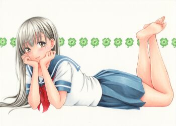 1girl barefoot blue_sailor_collar blue_skirt blush brown_eyes choppy_bangs closed_mouth clover commentary_request elbow_rest feet four-leaf_clover full_body grey_hair hand_up highres legs_up long_hair looking_at_viewer lying midori_(mira567) mole neckerchief on_stomach original partial_commentary pleated_skirt red_neckerchief sailor_collar school_uniform serafuku shirt short_sleeves simple_background skirt solo straight_hair traditional_media white_background white_shirt