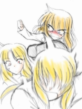 Rule 34 | 00s, 1boy, 2girls, arisa bunnings, arisa bunnings, artist request, blonde hair, blue eyes, blush, fate testarossa, flying kick, kicking, long hair, lyrical nanoha, mahou shoujo lyrical nanoha, mahou shoujo lyrical nanoha strikers, multiple girls, red eyes, short hair, yuuno scrya