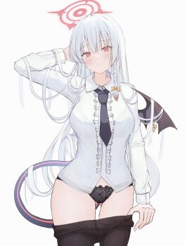 1girl absurdres arm_behind_head black_panties black_pantyhose black_tail black_wings blue_archive braid center_frills clothes_pull cowboy_shot demon_tail demon_wings frills halo haruna_(blue_archive) highres looking_at_viewer necktie panties pantyhose pantyhose_pull piercing red_eyes red_halo shirt short_necktie side_braid single_wing solo tail underwear white_background white_hair white_shirt wing_piercing wings yukimurayura