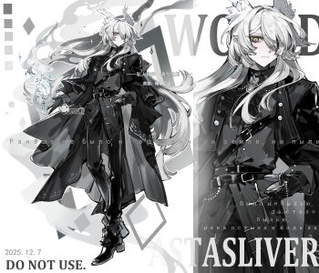 Rule 34 | 1girl, absurdres, belt, belt buckle, buckle, chest harness, closed mouth, coat, color guide, expressionless, full body, ge ge yu, gem, gloves, harness, highres, holding, holding pocket watch, horns, long hair, long sleeves, looking at viewer, monochrome, multiple views, one eye covered, original, pants, pocket watch, shoes, sidelocks, spot color, standing, very long hair, watch, watermark, yellow eyes