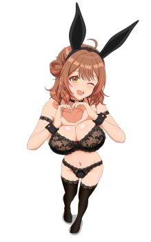 1girl ;d absurdres ahoge black_bra black_choker black_panties black_thighhighs blush bra breasts brown_hair cameltoe choker cleavage collarbone commentary full_body gakuen_idolmaster hanami_ume heart heart_hands heart_o-ring highres idolmaster lace lace-trimmed_thighhighs lace_bra lace_panties lace_trim large_breasts looking_at_viewer millionlive77 navel o-ring o-ring_choker one_eye_closed open_mouth panties simple_background smile solo stomach thighhighs underwear underwear_only white_background