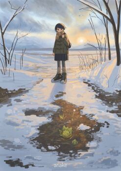 Rule 34 | 1girl, :o, absurdres, ariake (shiroan koshian), arm at side, artist name, backpack, bag, black hair, blue bag, blue eyes, blue pantyhose, blue skirt, bright pupils, coat, commentary request, dot nose, full body, green coat, green shoes, hand up, highres, light blush, looking at viewer, medium skirt, morning, original, outdoors, pantyhose, pleated skirt, scarf, shoes, short hair, skirt, snow, socks, solo, standing, straight hair, sunrise, white pupils, white socks, winter, yellow scarf