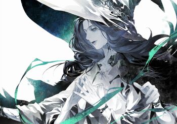 1girl blue_eyes blue_hair blue_skin bracelet cloak closed_mouth colored_skin commentary cracked_skin dress elden_ring english_commentary extra_arms extra_faces fur_cloak hat hat_ornament jewelry lips long_hair megasus one_eye_closed ranni_the_witch simple_background solo upper_body white_dress white_hat witch witch_hat