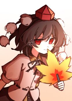 Rule 34 | 1girl, black ribbon, black skirt, brown hair, closed mouth, collared shirt, commentary request, gradient background, hat, hauchiwa, highres, holding, illust atelier3, missing wings, neck ribbon, one-hour drawing challenge, orange background, pom pom (clothes), puffy short sleeves, puffy sleeves, red eyes, red hat, ribbon, shameimaru aya, shirt, short sleeves, skirt, smile, solo, tokin hat, touhou, white shirt, wings