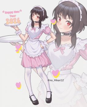 1girl 2026 absurdres ai-nohikari alternate_costume apron black_shoes brown_hair commentary dress english_commentary frills heart highres holding holding_tray kono_subarashii_sekai_ni_shukufuku_wo! looking_at_viewer maid maid_apron maid_headdress megumin pantyhose puffy_short_sleeves puffy_sleeves red_eyes shoes short_hair short_sleeves smile solo tray white_pantyhose