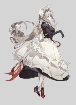 1girl absurdres alexandrina_sebastiane black_dress black_gloves black_shoes bow breasts closed_mouth dress from_side full_body gloves grey_background grey_hair hair_between_eyes hair_bow highres large_breasts long_hair looking_at_viewer maid maid_headdress mengaijiang924 pantyhose red_eyes shoes simple_background smile solo very_long_hair white_apple white_bow white_pantyhose zenless_zone_zero