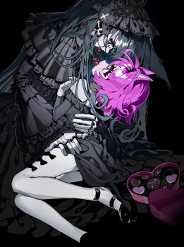 2girls absurdres animal_ears black_background black_dress black_hairband black_shoes box box_of_chocolates candy cat_ears cat_tail chocolate chocolate_heart dress extra_digits eyelashes food food_in_mouth frilled_dress frilled_hairband frilled_sleeves frills gloves gothic_lolita green_eyes green_hair hairband hand_on_another&#039;s_waist heart heart-shaped_food highres jewelry lolita_fashion lolita_hairband long_dress long_hair long_sleeves looking_at_another mary_janes mouth_hold multiple_girls multiple_rings original pale_skin pantyhose pink_hair red_eyes ring scocasr shoes short_hair simple_background tail white_gloves white_pantyhose yuri