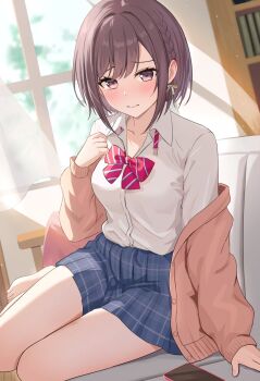 1girl backlighting bare_legs barefoot blue_skirt blush bob_cut bow bowtie braid breasts brown_cardigan brown_eyes brown_hair cardigan cellphone closed_mouth collarbone collared_shirt commentary_request couch cropped curtains diagonal-striped_bow diagonal-striped_bowtie diagonal-striped_clothes dot_nose dress_shirt floating_curtains hair_bow hand_up highres indoors kamiyama_high_school_uniform_(project_sekai) long_sleeves looking_at_viewer loulis_0115 medium_breasts off_shoulder on_couch open_cardigan open_clothes phone plaid_clothes plaid_skirt pleated_skirt project_sekai red_bow red_bowtie school_uniform shelf shinonome_ena shirt shirt_tucked_in short_hair side_braid sidelocks sitting skirt smartphone solo striped_bow striped_bowtie striped_clothes sunlight swept_bangs white_shirt window yokozuwari