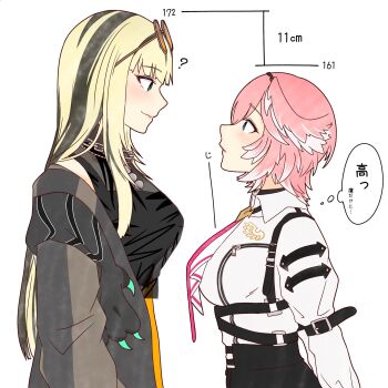 Rule 34 | 2girls, ?, black hair, black shirt, blonde hair, blue eyes, collared shirt, commentary request, crop top, head wings, height chart, height difference, highres, hololive, hololive dev is, koganei niko, long hair, long sleeves, looking at another, medium hair, multiple girls, necktie, pink hair, pink necktie, ringo 21 a, shirt, simple background, sleeveless, sleeveless shirt, takane lui, translation request, virtual youtuber, white background, white hair, white shirt, wings