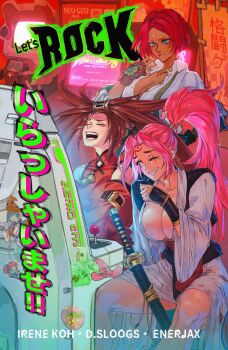 3girls arcade_cabinet baiken bare_shoulders blue_eyes breasts brown_hair china_dress chinese_clothes cleavage commentary dark-skinned_female dark_skin david_liu dress english_commentary giovanna_(guilty_gear) group_picture guilty_gear guilty_gear_strive high_ponytail highres japanese_clothes kimono kuradoberi_jam large_breasts long_hair multiple_girls one_eye_closed parted_lips pink_hair ponytail red_dress shirt short_hair sitting smile standing white_kimono white_shirt