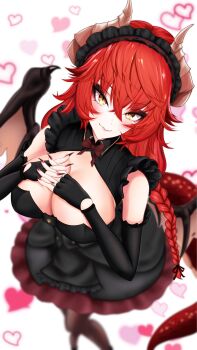Rule 34 | 1girl, absurdres, aw works703, black dress, black gloves, black thighhighs, breasts, cleavage, cleavage cutout, closed mouth, clothing cutout, dragon girl, dragon horns, dragon tail, dress, elbow gloves, fingerless gloves, gloves, highres, horns, indie virtual youtuber, large breasts, long hair, red hair, solo, tail, thighhighs, virtual youtuber, yellow eyes, zentreya, zentreya (dragon)