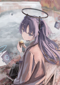 1girl absurdres alternate_costume autumn black_halo black_pants blue_archive blush brown_coat brown_shoes closed_mouth coat commentary drone eating food grey_sweater hair_ornament halo highres holding holding_food kogure0012 long_hair long_sleeves looking_at_viewer on_bench pants purple_eyes purple_hair ribbed_sweater roasted_sweet_potato shoes sitting smile sneakers solo sweater sweet_potato turtleneck turtleneck_sweater two_side_up water yuuka_(blue_archive)