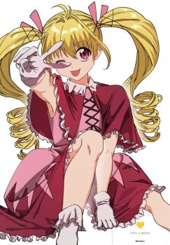 Rule 34 | 1girl, biscuit krueger, blonde hair, drill hair, gloves, hunter x hunter, one eye closed, re tae44, sitting, solo, tongue, tongue out, twintails, v, white gloves